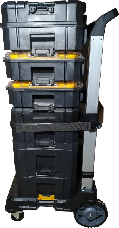 Tour complète Stanley Pro-Stack avec différents modules et chariot