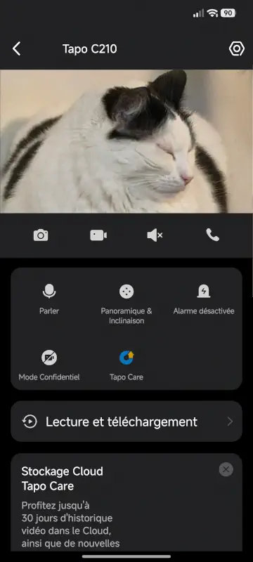 Application Tapo sur caméra Wifi C210 menu principal