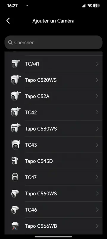 Application Tapo : choix du modèle de caméra