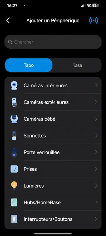 Application Tapo : choix du type de périphérique