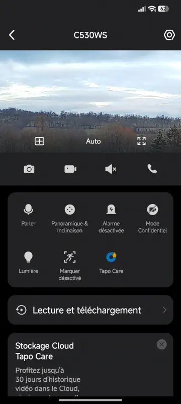 Application Tapo: menu principal Caméra