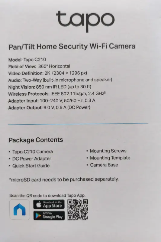 Boite de la caméra wifi Tapo C210 et contenu