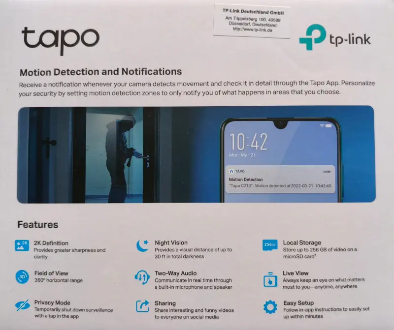 Boite de la caméra Wifi Tapo C210 de derrière