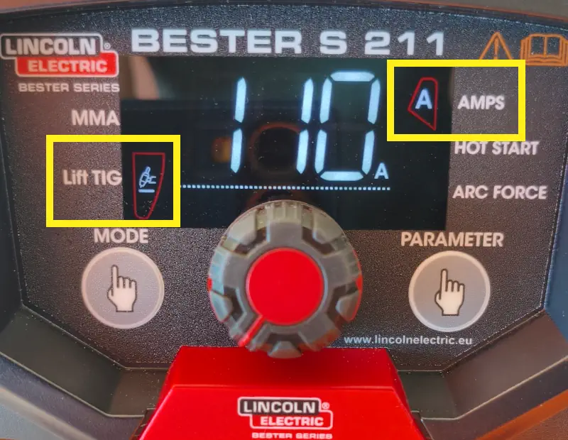 Écran du poste Bester S 211 pour le réglage de l'intensité en TIG Lift