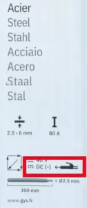 Indication de la polarité sur un paquet d'électrodes GYS acier rutile Ø2,5