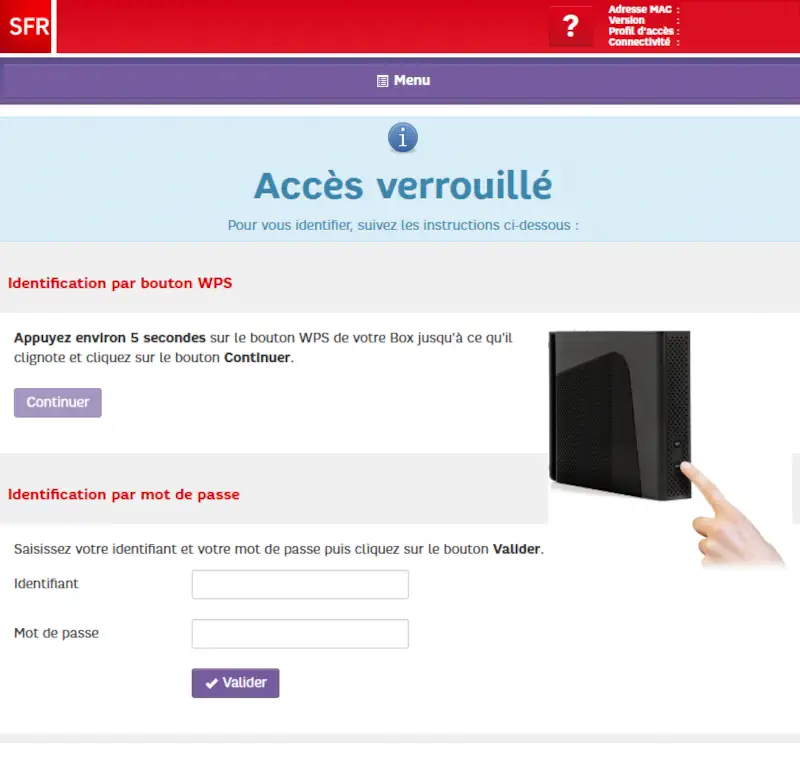 Identification sur l'interface de gestion de la Box Plus 6 de RED by SFR