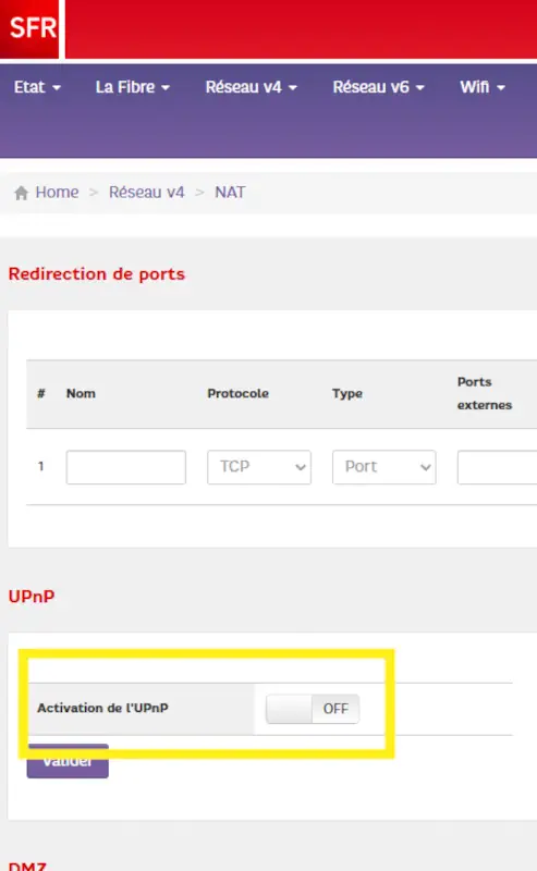 Menu Réseau de désactivation de l'UPNP Box Plus SFR