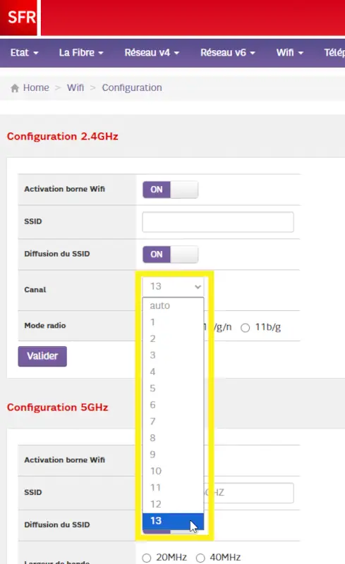Menu WiFi Configuration du canal de la Box Plus RED by SFR
