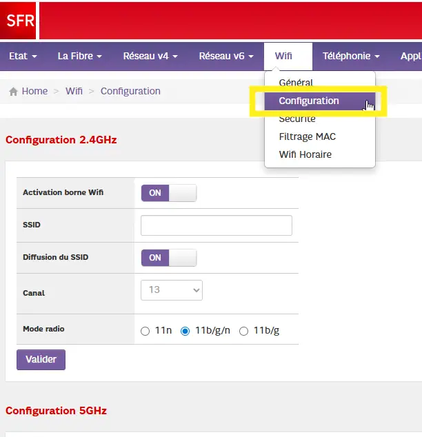 Menu WiFi Configuration de la Box Plus RED by SFR
