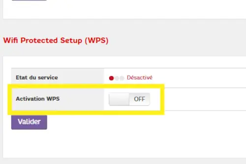Menu WiFi WPS de la Box Plus RED SFR