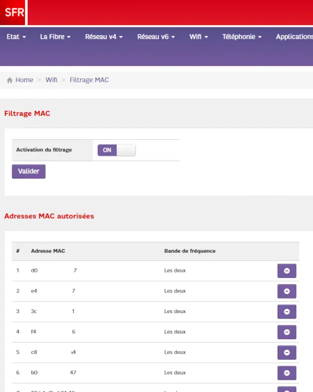 Menu Wifi Filtrage MAC de la Box Plus RED