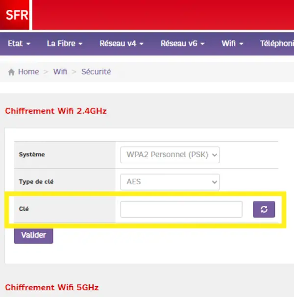 Menu WiFi Sécurité clé WPA2 de la Box Plus RED SFR