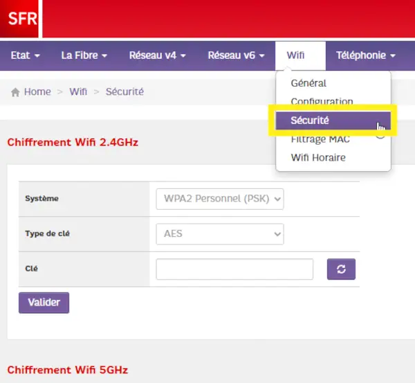 Menu WiFi Sécurité de la Box Plus RED SFR