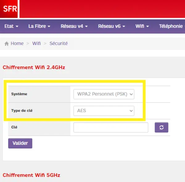 Menu WiFi Sécurité WPA2 de la Box Plus RED SFR