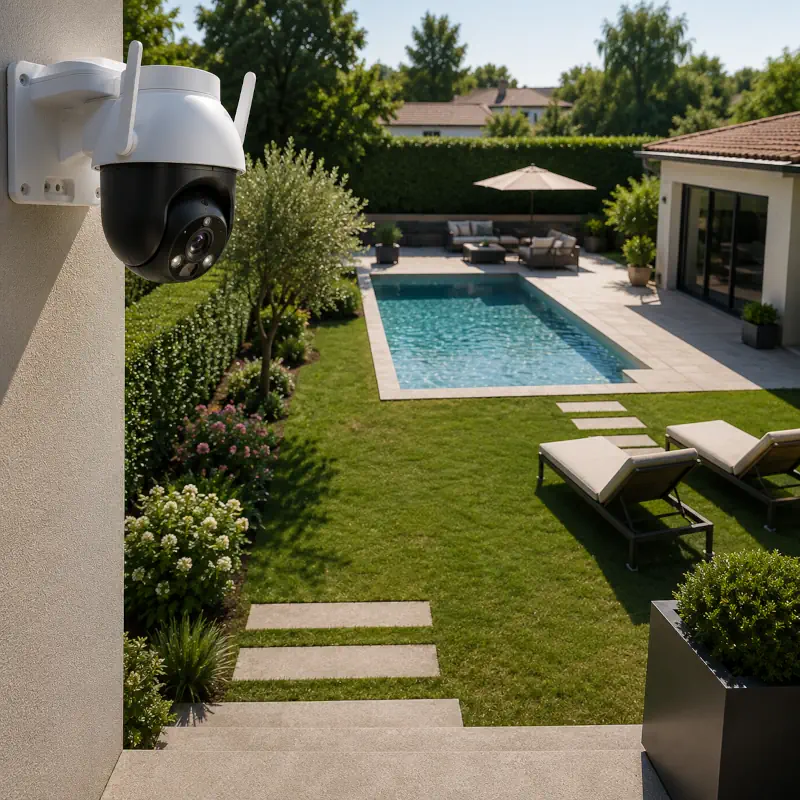 Une caméra de surveillance 360° qui surveille un jardin