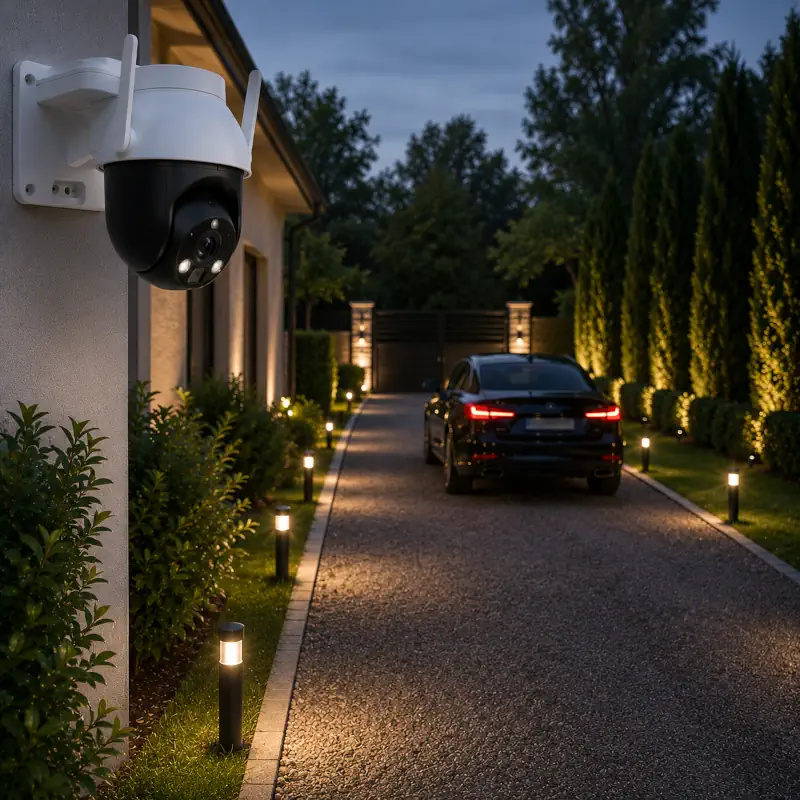 Une caméra de surveillance 360° qui surveille une allée