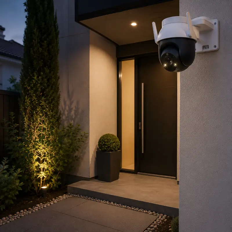 Une caméra de surveillance 360° qui surveille une entrée