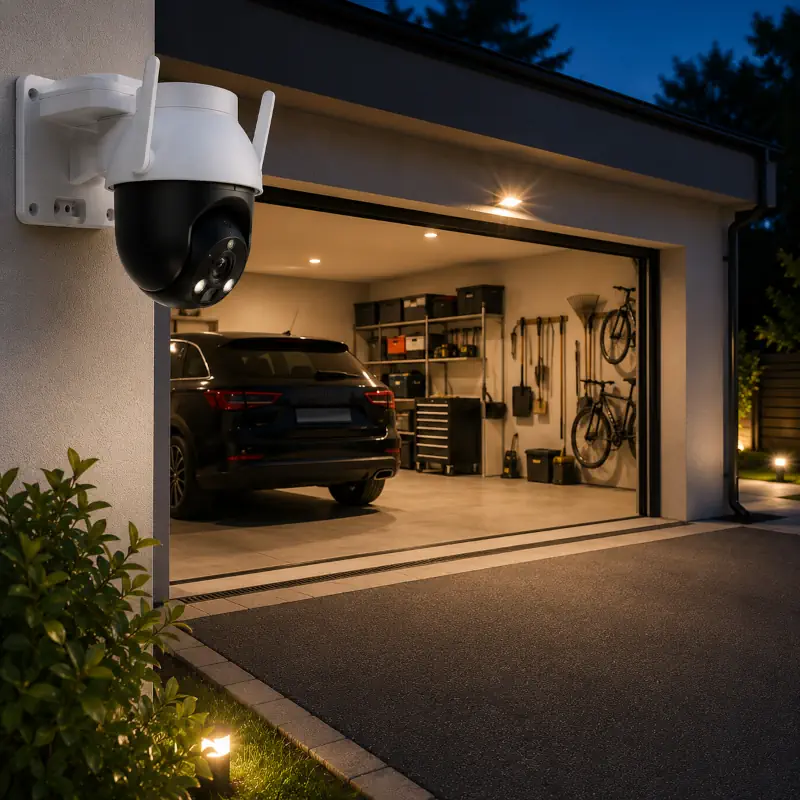 Une caméra de surveillance motorisée qui surveille un garage