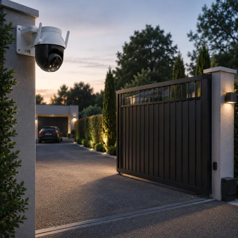 Une caméra de surveillance 360° qui surveille un portail