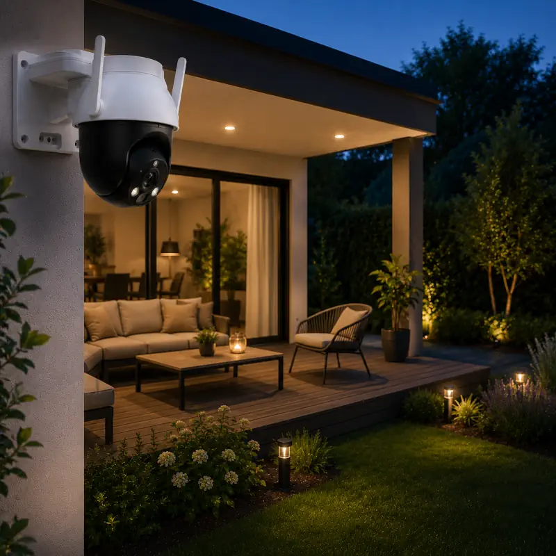 Une caméra de surveillance motorisée qui surveille une terrasse