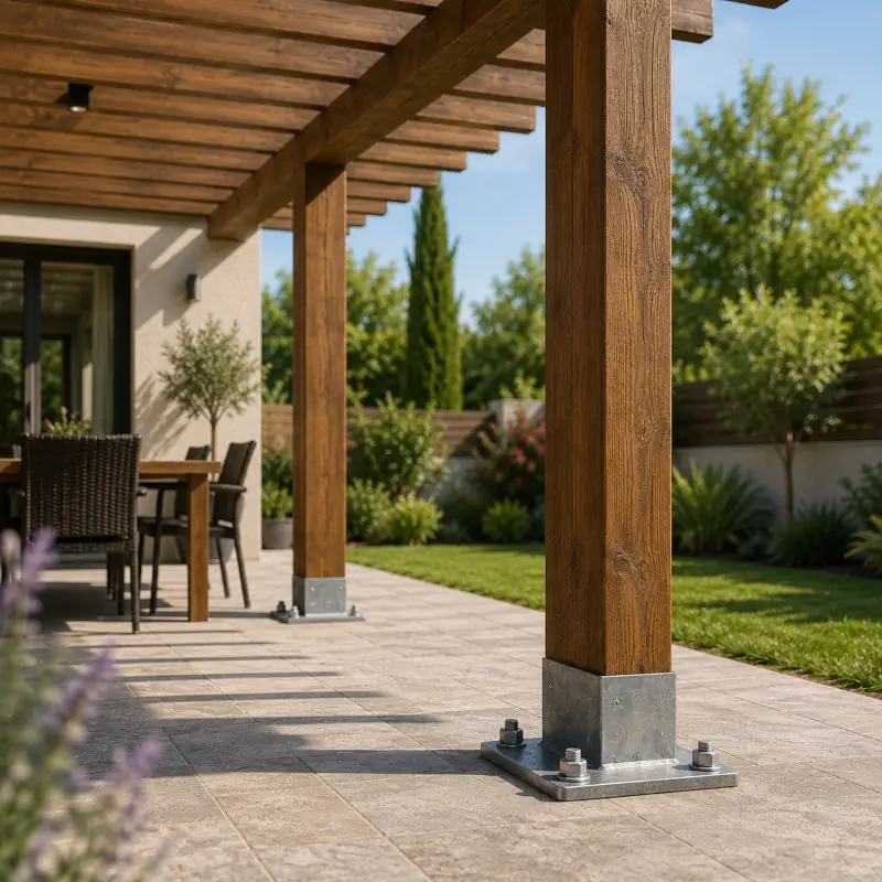 Image par OpenClipart-Vectors de Pixabay Pergola en bois avec platines acier scellées.