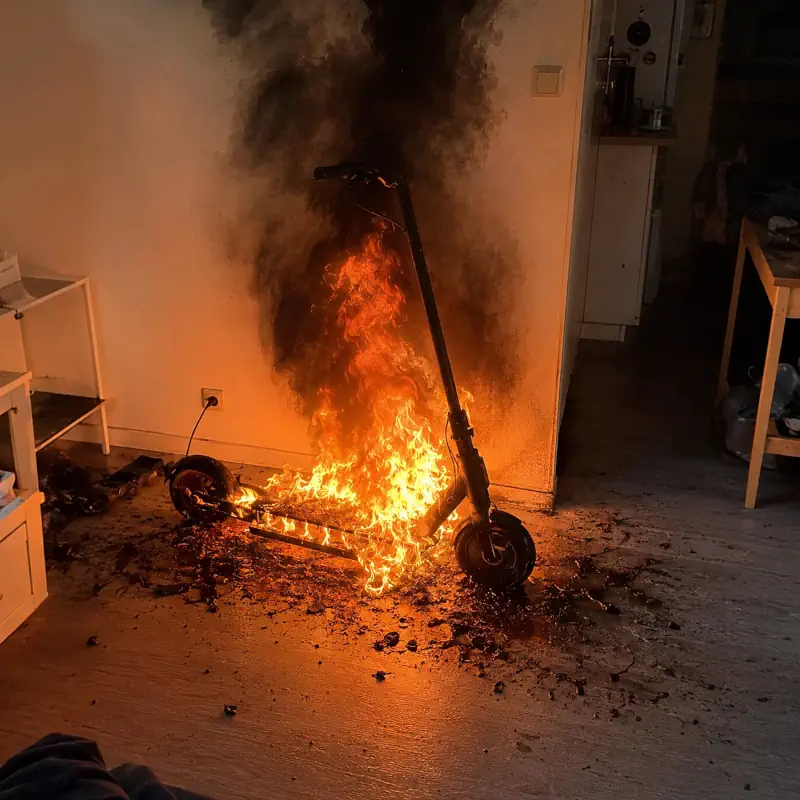 Trottinette en feu suite à un emballement thermique des batteries lithium