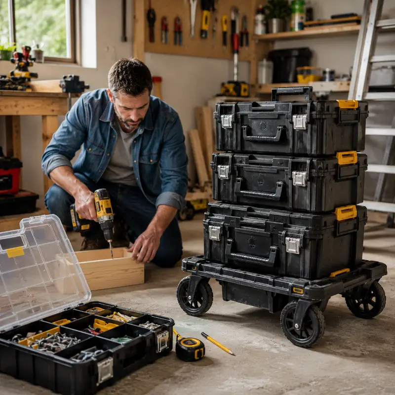Un bricoleur qui utilise un système de rangement modulaire Pro-Stack