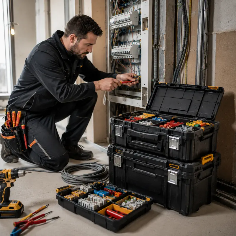 Un électricien qui utilise un système de rangement modulaire Pro-Stack
